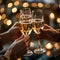 Close up of hands clinking glasses of champagne with bokeh background