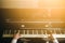 Close up hands of Composer man play on the old piano. Keyboards. Performance on the concert. Musician plays