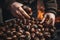 Close-up of hands cracking open roasted chestnuts to reveal their delicious, nutty interiors. Generative Ai