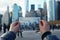 close up of hands holding photo with picture of city on city background, travel concept