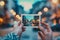 close up of hands holding photo with picture of city on city background, travel concept