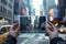 close up of hands holding photo with picture of city on city background, travel concept