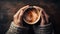 Close up of hands holding steaming hot drink coffee or hot chocolate in a coffee mug