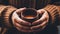 Close up of hands holding steaming hot drink coffee or hot chocolate in a coffee mug