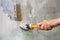 Close-up, hands holds paintbrush, worker painting wall with whi