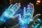 Close-up of hands interacting with holographic interfaces. High technology concept