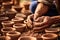 Close-up of hands making clay pots