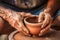 Close-up of hands making clay pots