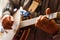 Close up hands of man playing banjo