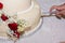 Close Up of Hands of Married Cutting the Wedding Pie on Blur Background