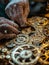 Close-up of hands meticulously assembling intricate gears and cogs of a mechanical device.