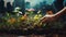 Close-up of hands planting flowers in a neglected urban area