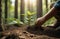 Close-up of hands planting a small tree into the soil against a blurred forest background. Protecting the environment