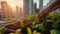 Close-up of hands planting young green seedlings in urban garden beds with a cityscape sunrise in the background.