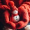 Close up of hands in red wool mittens holding a small snowman.