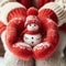 Close up of hands in red wool mittens holding a small snowman.