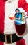 Close up hands of Santa Claus holding device with happy deliveryman on the screen