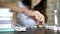 Close-up Of Hands Touching Pills. Healthcare concept, beriberi during training loads. teenage girl sorts pills sitting