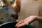 Close-up hands of unrecognizable young woman gardener in apron working with ground planting pot plants at table in home.