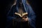 Close-up hands view of praying priest with bible. Generative AI