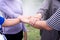 Close up of hands woman putting with stack or hand touching and showing successful teamwork together outdoor