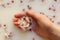 Close-up hands of a young woman in a milk bath. Pink apricot flowers in the palms. Spa skin and body care