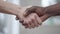 Close-up handshake of female Caucasian and male African American hands. Unrecognizable interracial couple holding hands