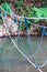 Close up hanging string walkway across water in forest