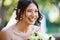 Close up of a happy beautiful bride laughing and having fun on her wedding day. Face of joyful bride enjoying her dream