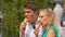 CLOSE UP: Happy man kisses and his girlfriend eating tasty gelato in Ljubljana.