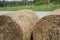 Close up hay bales, rolls on the field after harvest