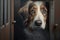 Close up head portrait of a sad dog all alone in an animal shelter