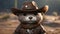 Close up, head and shoulders, of baby otter dressed as wild west cowboy in the desert ai created