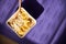 Close up of healthy breakfast bowl sitting on yoga mat