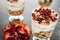 Close up on healthy dessert from muesli, oatmeal and pomegranate