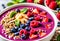 Close up of healthy yogurt and fruit smoothie bowl decorated