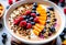 Close up of healthy yogurt and fruit smoothie bowl decorated