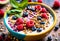 Close up of healthy yogurt and fruit smoothie bowl decorated