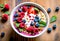 Close up of healthy yogurt and fruit smoothie bowl decorated