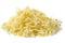 Close up of heap of grated mix Italian cheese on white background