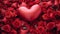 A close-up of a heart balloon bouquet, nestled in a bed of rose petals, as a