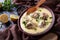 Close-up of hearty Greek Meatball Soup