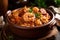 Close-up of Hearty Jambalaya with Andouille Sausage, Shrimp, and Chicken in a Rustic Earthenware Bowl