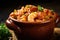 Close-up of Hearty Jambalaya with Andouille Sausage, Shrimp, and Chicken in a Rustic Earthenware Bowl