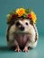 Close up, hedgehog wearing a colorful big flower crown.