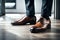 Close-Up At Heel Of The Manager Is Wearing Formal Business Court Shoe Is Walking On Wooden Floor At Working Office, Businessman Ac