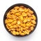 Close up of Heeng jeera Peanuts mixture Indian namkeen snacks on a ceramic black bowl.