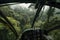 close-up of helicopter blades through jungle canopy
