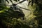 close-up of helicopter blades through jungle canopy