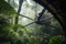 close-up of helicopter rotor blade slicing through dense jungle canopy
